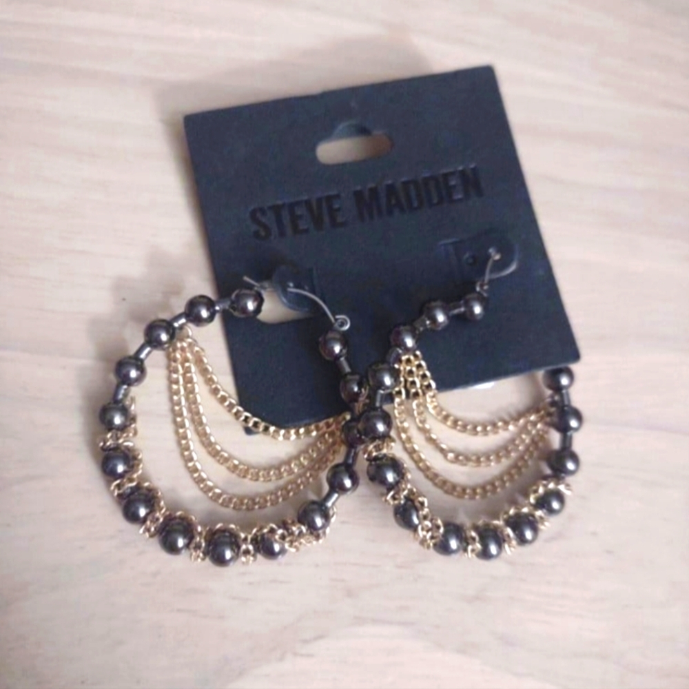 Steve Madden Gunmetal Steel Color Ball Gold Chain Hoop Earrings grunge